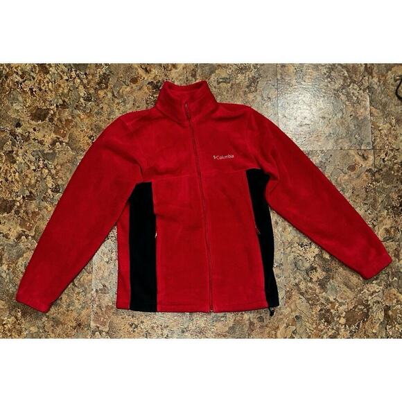 Columbia Men’s Jacket Fleece Size Small Red Black Colorblock Zippered Pockets - Picture 1 of 6